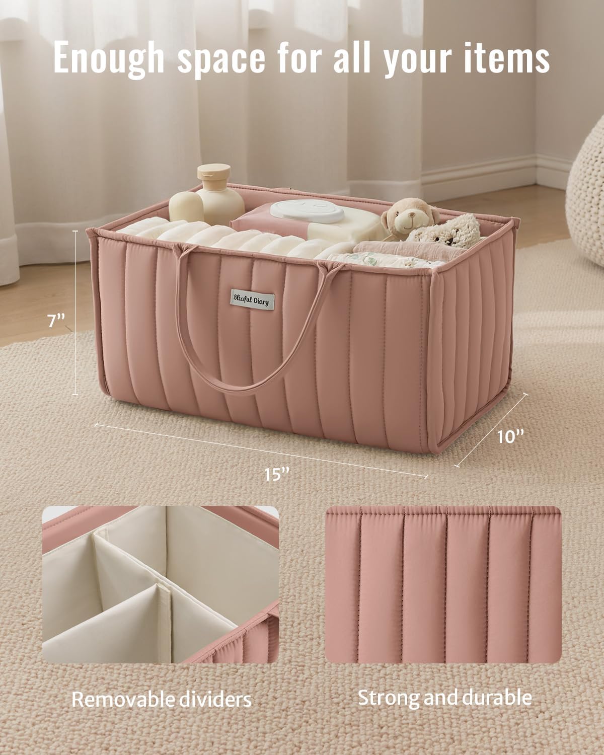 Blissful Diary Baby Diaper Caddy Organizer, Nursery Storage, Blush Pink