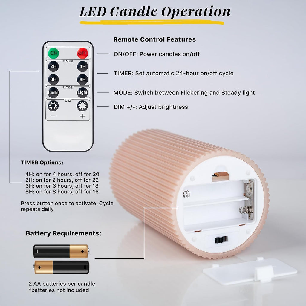 Fluted Ribbed LED Pillar Candles, Blush Beige, with Realistic Reflective Melted-Wax Effect – Flickering Flame, Remote, Dimmable, Flameless, Battery Operated, Home & Wedding Decor (Set of 3)