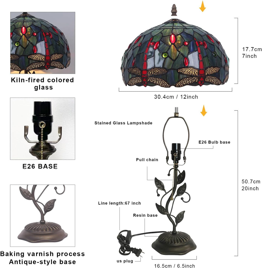 Stained Glass Table Lamp,12x12x20 Inch Antique Table Lamp,Leaf Base Decor Lamp for Tiffany Style Bedroom、Living Room、Home、Office (Red Dragonfly)