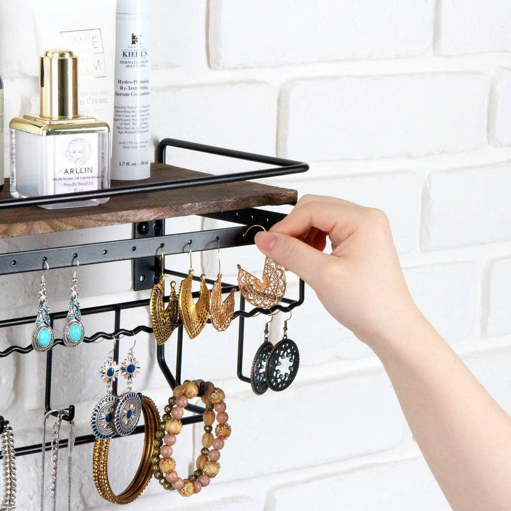 JackCubeDesign Hanging Jewelry Organizer with 9 Hooks, Wall Mount Necklace Earring Bracelet Sunglass Holder with Torched Wood Shelf (Black Metal) - MK237C