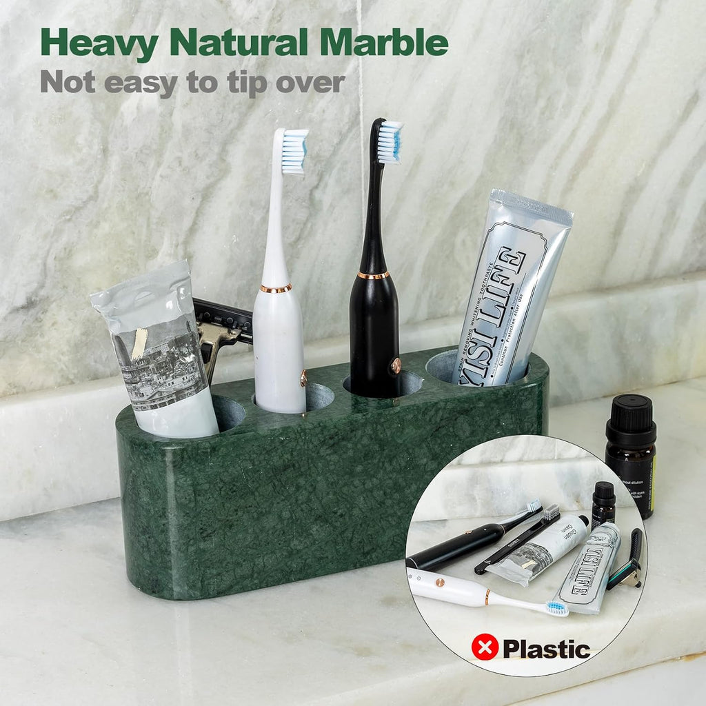 BCS Toothbrush Holder for Bathrooms, 4 Slots Open-Bottom Marble Toothbrush and Toothpaste Holder Stand Bathroom Organizer Countertop for Electric Toothbrush, Floss, Razor, Comb - Italy Green