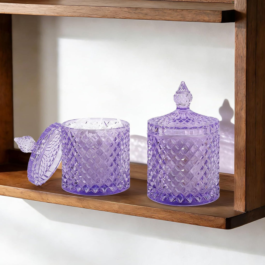 2 Pack Qtip Holder Apothecary Jars with Lid, Thick Glass, Purple