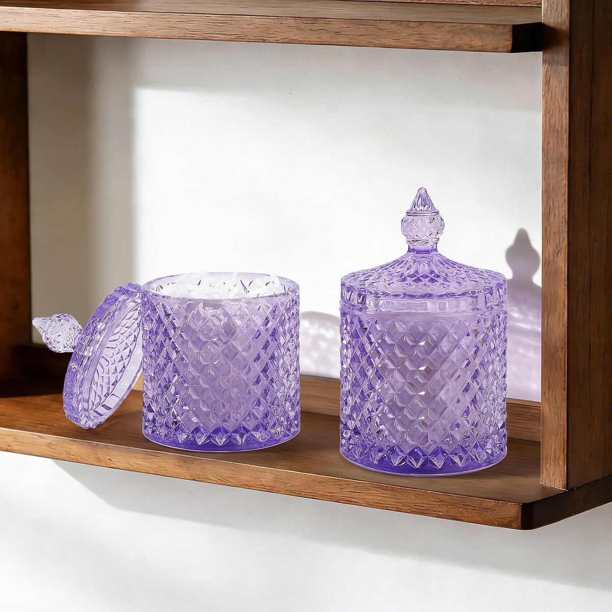 2 Pack Qtip Holder Apothecary Jars with Lid, Thick Glass, Purple