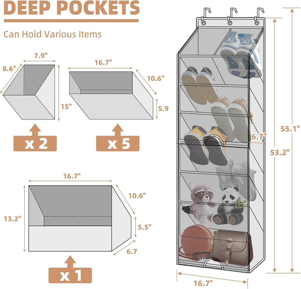 STORAGE MANIAC Over the Door Shoe Organizer with Curtain Dustproof Heavy-Duty Large Deep Pocket Hanging Shoe Organizer for Closet Dorm & Narrow Door Storage Shoe Holder Shoe Rack, 7-Shelf Black 1 Pack