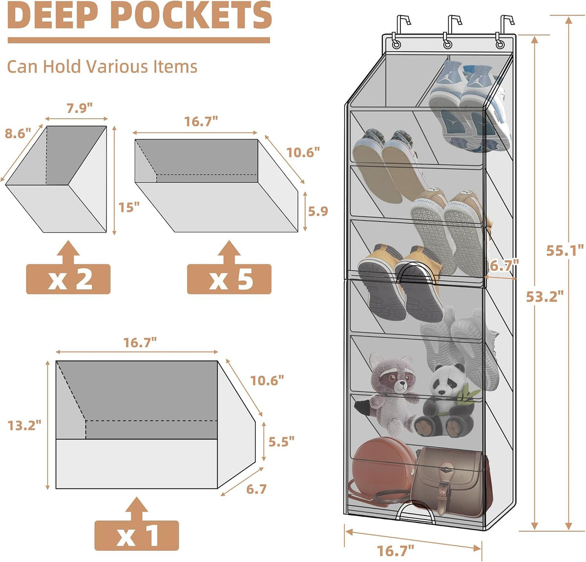 STORAGE MANIAC Over the Door Shoe Organizer with Curtain Dustproof Heavy-Duty Large Deep Pocket Hanging Shoe Organizer for Closet Dorm & Narrow Door Storage Shoe Holder Shoe Rack, 7-Shelf Beige 1 Pack