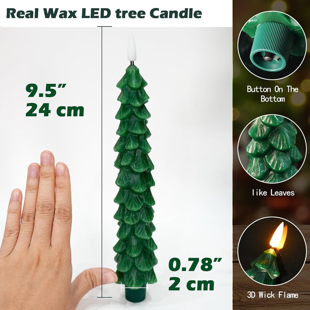 FPOO Waxy Christmas Tree Candles with Remote, Christmas Decorations Indoor, 3 PCS Real Wax Flameless Taper Candles Flickering, Green LED Candlesticks Battery Window Candle (9.5 inches)
