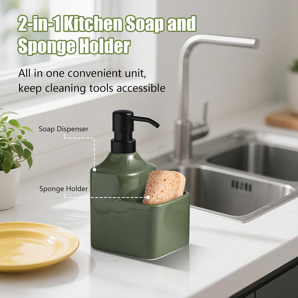 Gets Soap Dispenser Green Ceramic Pump Bottle with Storage Holder