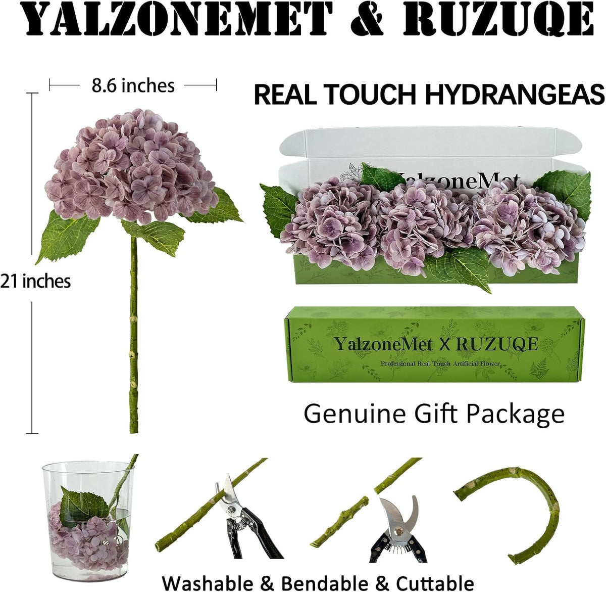 YalzoneMet 3 Pcs Vintage Mauve Hydrangea Artificial Flowers Gray Purple 21'' Real Touch Latex Hydrangea Faux Flowers for Party Home Kitchen Bedroom Tables Centerpieces Fall Decor