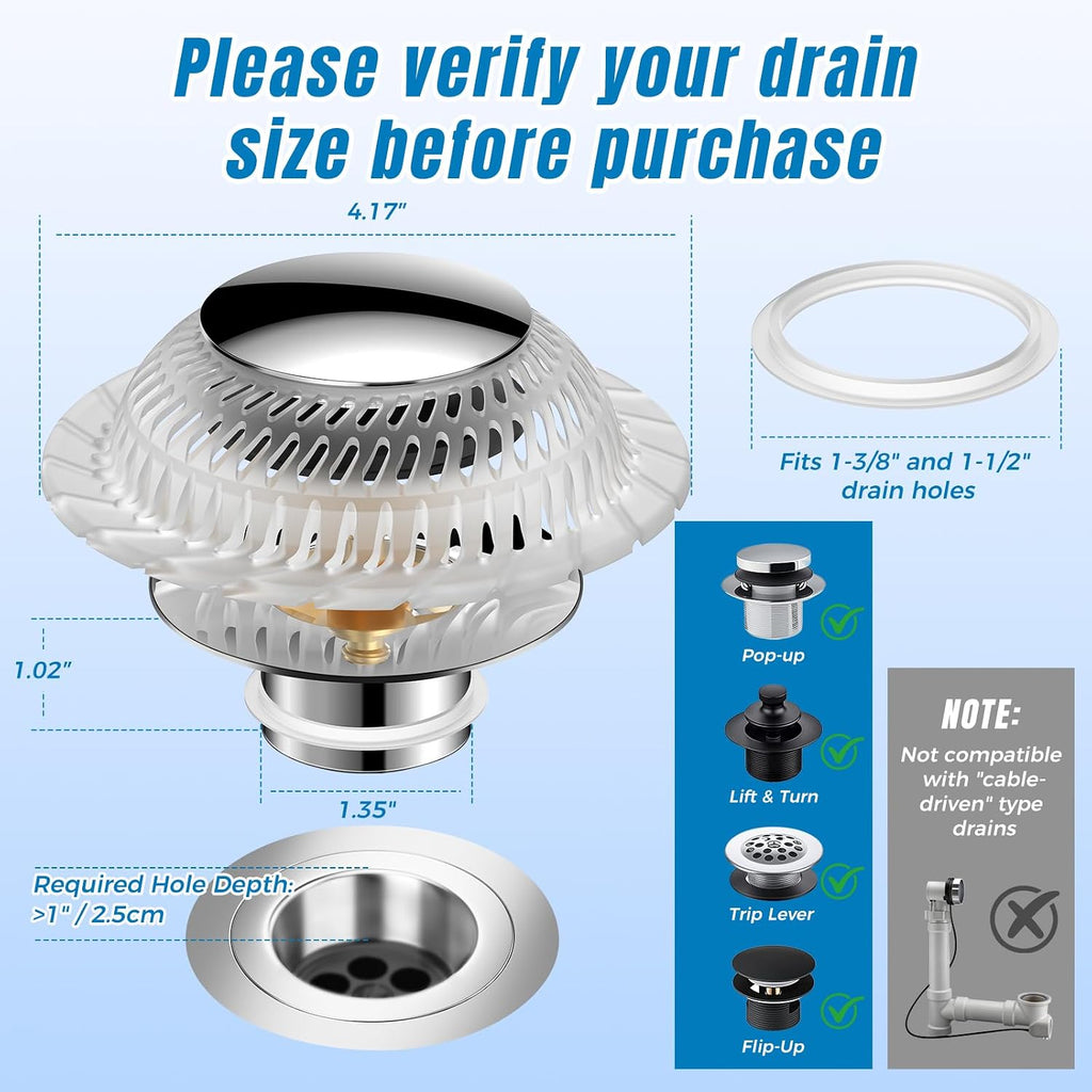 Hair Catcher Drain Stopper for Bathtub, Pop-Up with Silicone Filter, 3-Layer Brass Rust-Proof, One-Button Seal & Drain, Fits Standard U.S. Drains (1-1/2” & 1-3/8”), No Tools Needed