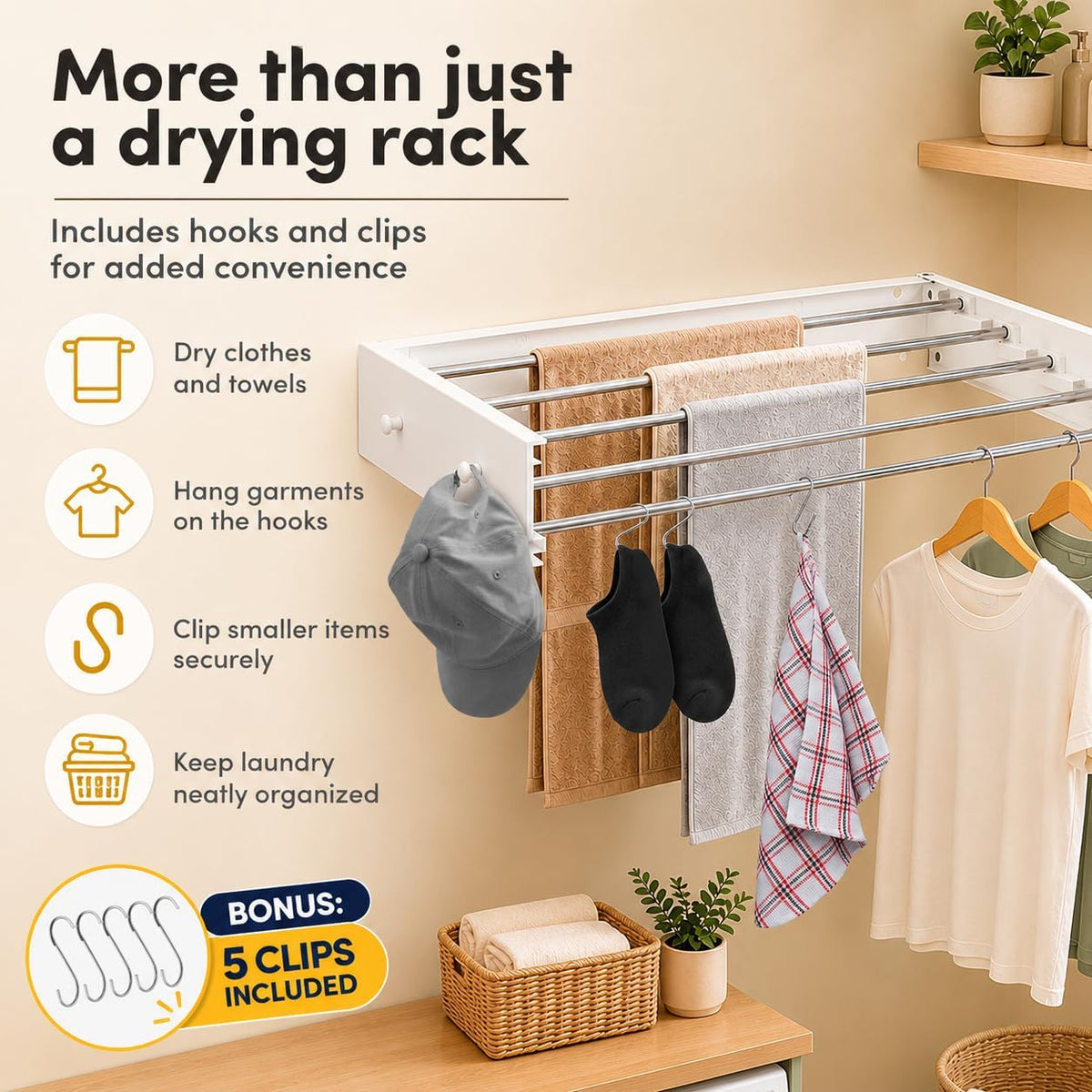 Wall Mounted Drying Rack Stainless Steel 31.5", Foldable Clothes Drying Rack with 4 Hooks & 5 Rods, Heavy Duty Outdoor Indoor Clothes Drying Rack for Apartment Bathroom Balcony Laundry Room