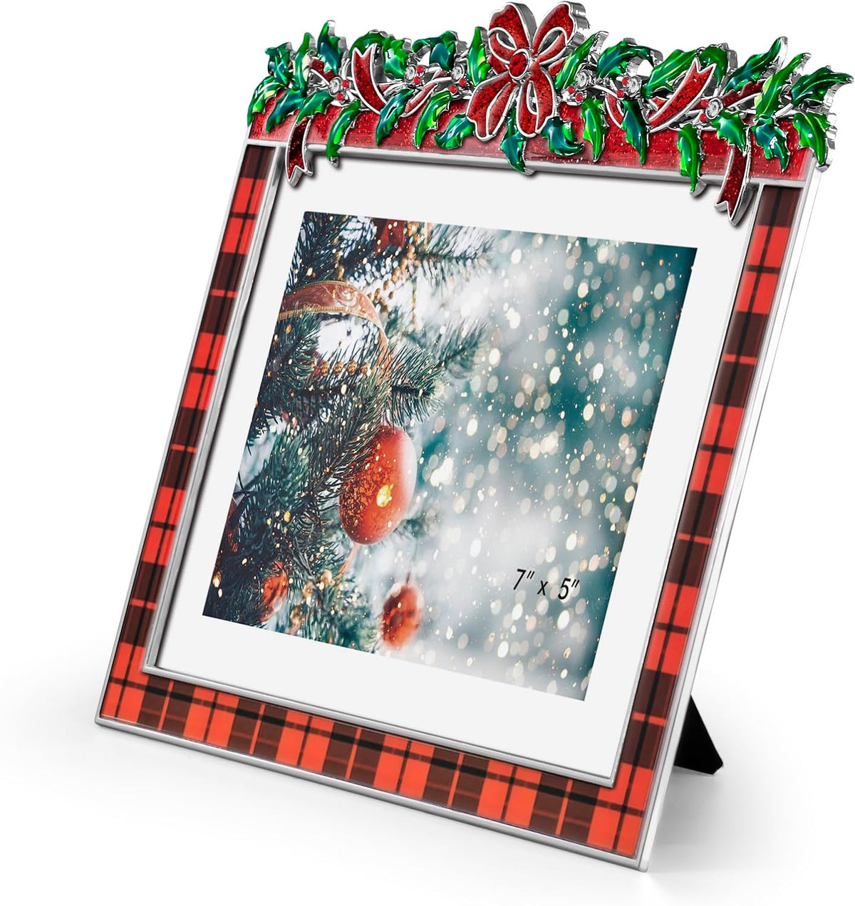 Christmas 5x7 Picture Frame Christmas Metal Display Photo Frames with Rhinestone High Definition Glass Front Gift Ideas Tabletop Home Decorative (Red Grid)