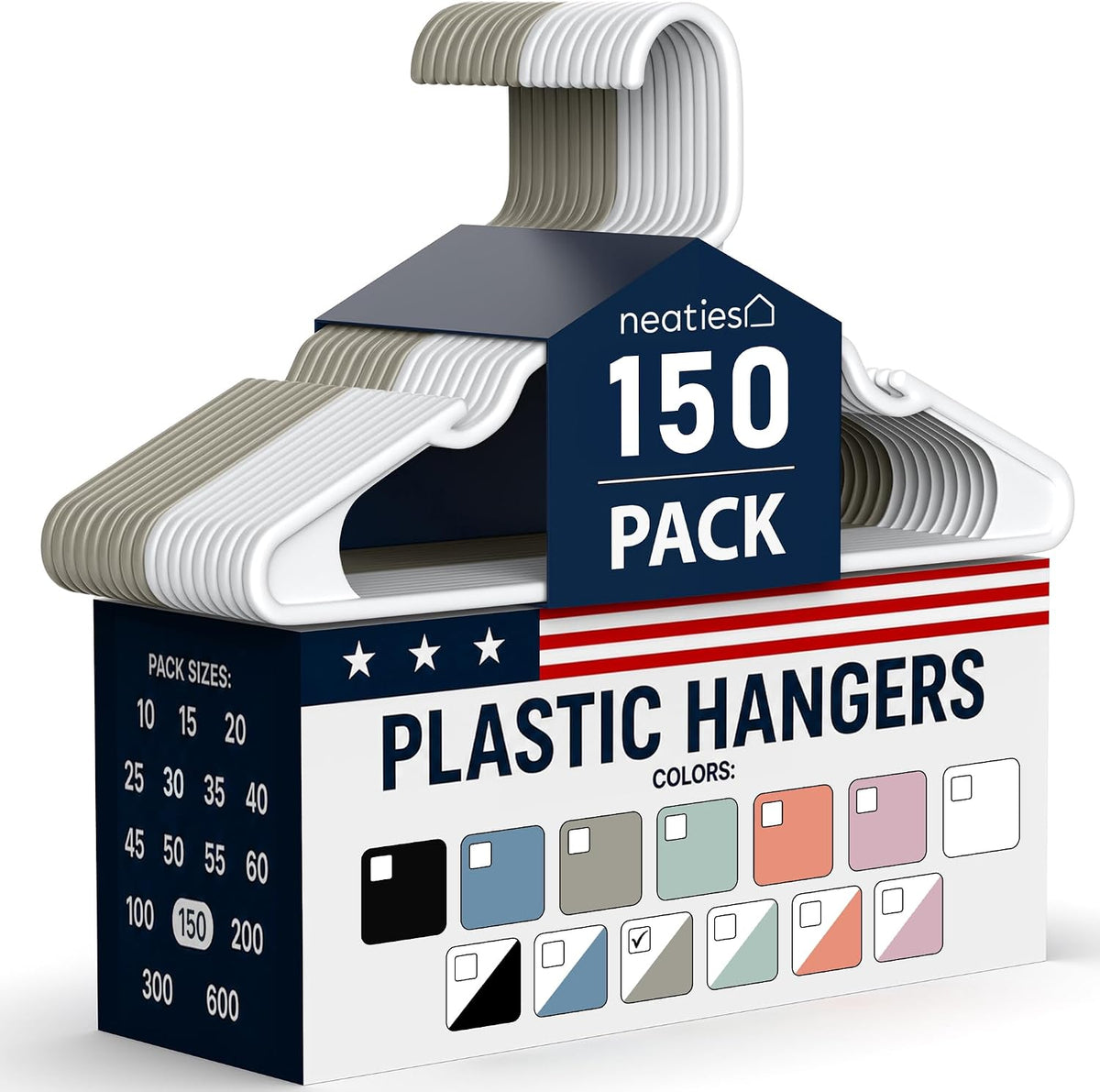 Plastic Hangers 100+ Pack (150 Count) – Made in The USA – 6lb Capacity Standard Clothes Hangers with Notches and Reinforced Edges for Dresses, Shirts, Pants, and Jackets – White & Gray