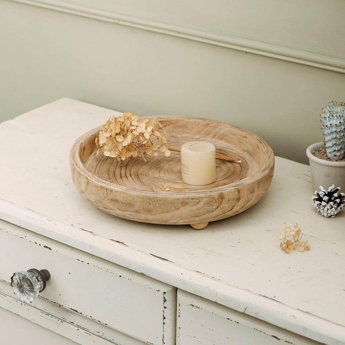 NIKKY HOME 12" Hand Carved Dough Bowls, Paulownia Wood Round Serving Bowl Decorative Wooden Tray, Natural