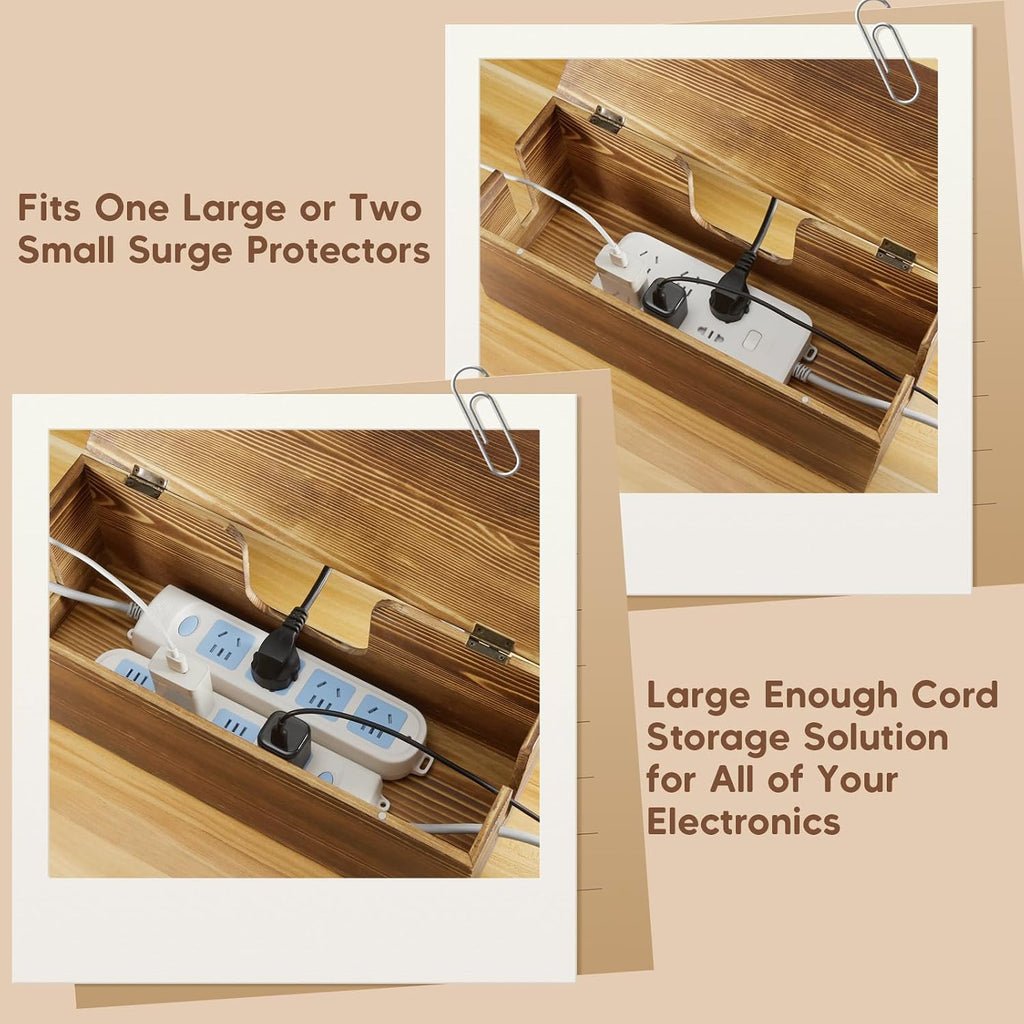Large Cable Management Box - Burnt Wood Cable Organizer Box and Floor Cord Covers for Electrical Cord Management - Hide Desk Cord and Floor Cables - Wire Storage and Organization for Cords