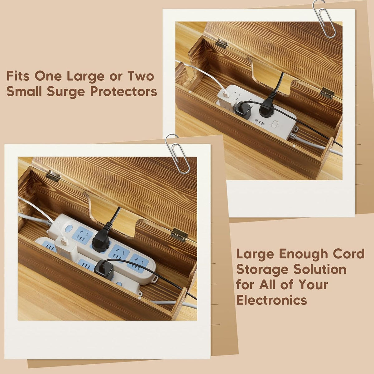 Large Cable Management Box - Burnt Wood Cable Organizer Box and Floor Cord Covers for Electrical Cord Management - Hide Desk Cord and Floor Cables - Wire Storage and Organization for Cords