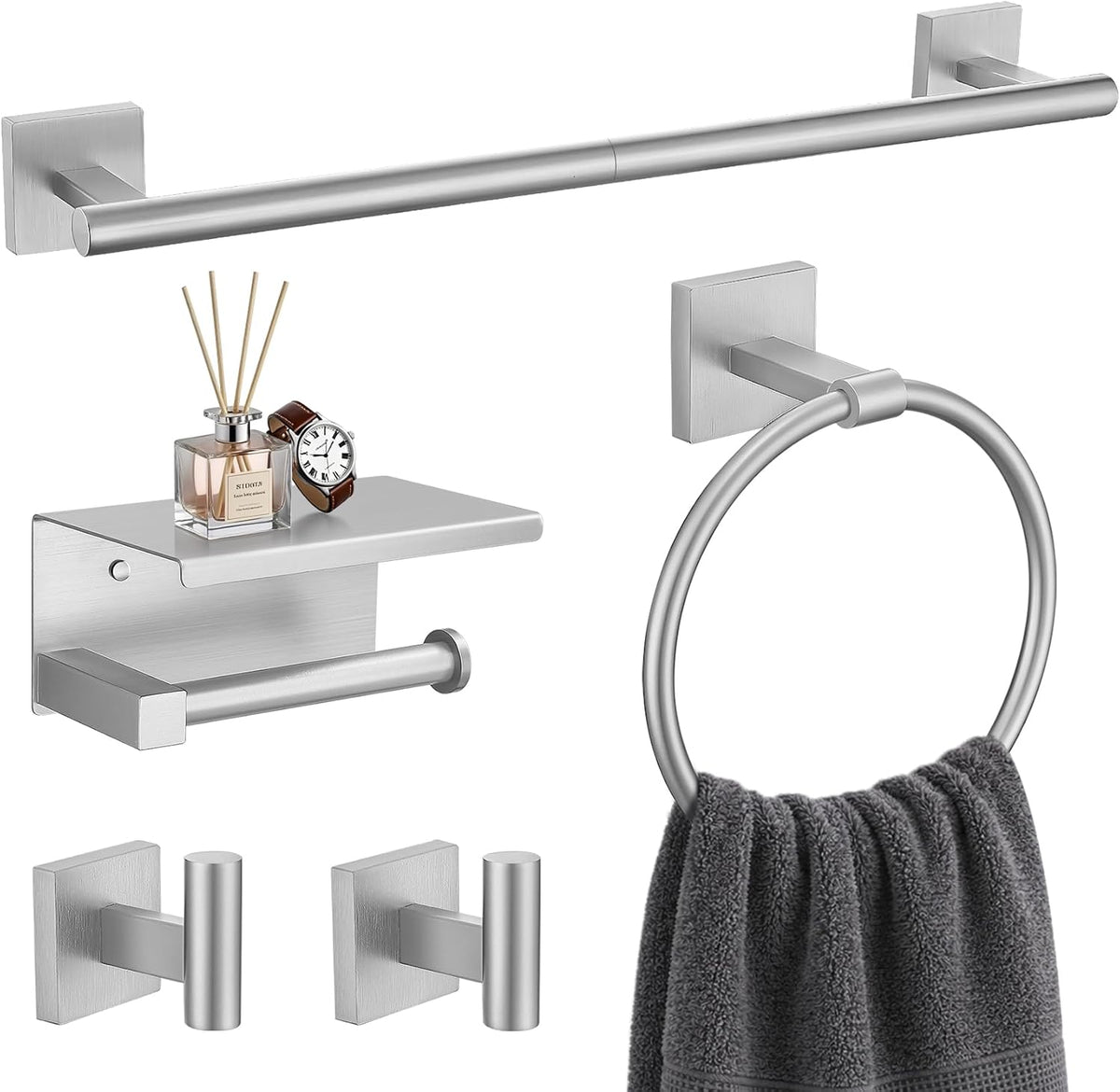 TURS 5-Pieces Brushed Nickel Bathroom Hardware Set 23.6 Inch SUS304 Stainless Steel Towel Bar Set Wall Mounted Square Toilet Paper Holder with Shelf