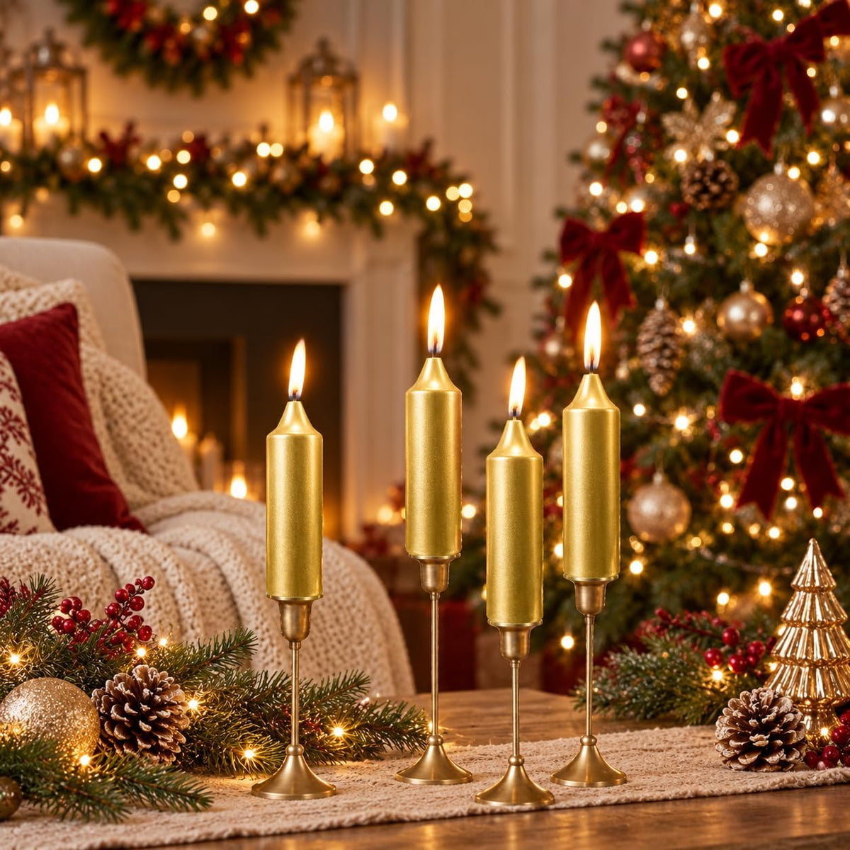 Gold Short Taper Candle Candle Sticks, 5 Inch Mini Pillar Candles, 4PCS Handmade Unscenteds Candlesticks for Holidays Church Christmas Celebration Party Decor