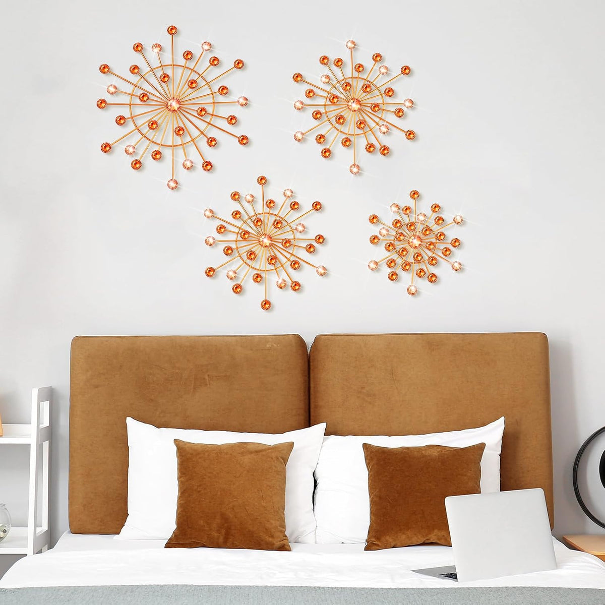 Blulu 4 Pcs Metal Wall Art Starburst Decor with 3D Rhinestone, Orange