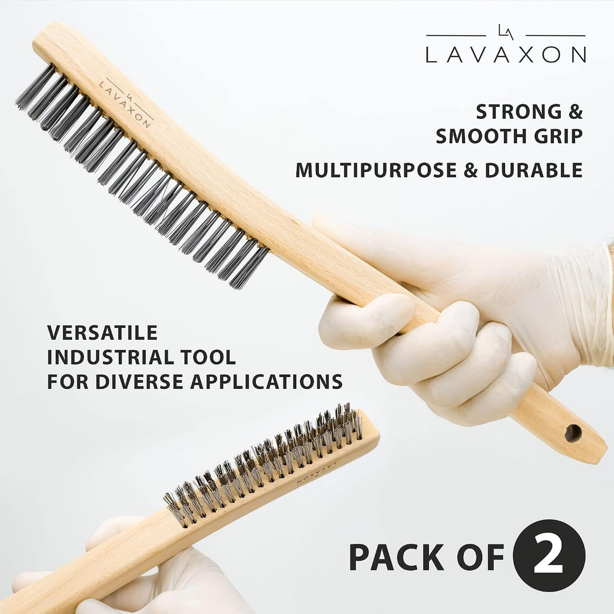 Lavaxon Wire Brush Set-Heavy Duty Stainless Steel Bristles with Wood Handle Grip for Rust, Wielding Slag, Dirt & Paint Scrubbing with Deep Cleaning – 14 Inches (Pack of 2)