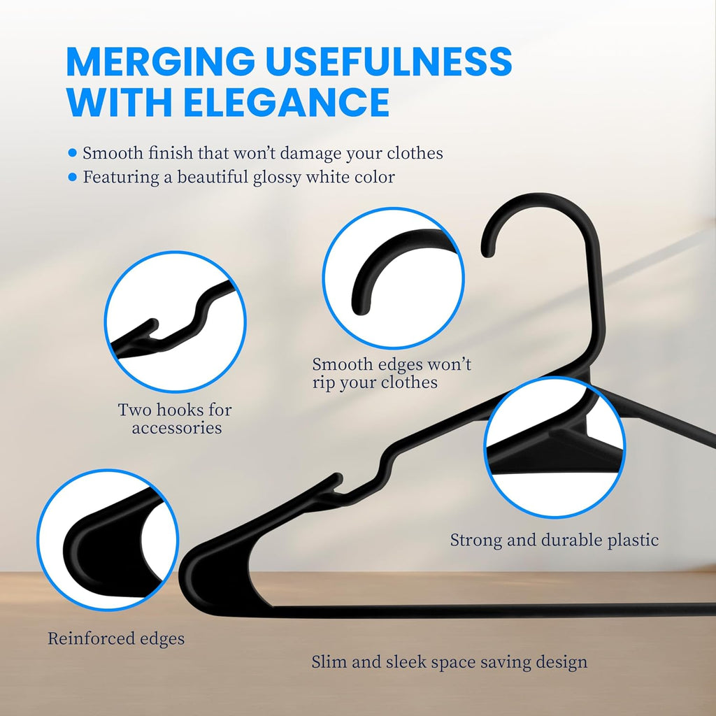 Simple Deluxe 50 Pack Plastic Hangers, Durable Clothes Hangers, Lightweight and Space-Saving Hangers for Shirts, Dresses, Coats, Pants, Black