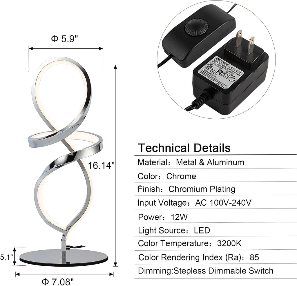 Modern Small Table Lamp with LED Spiral Design, 12W Chrome Nightstand Lamp