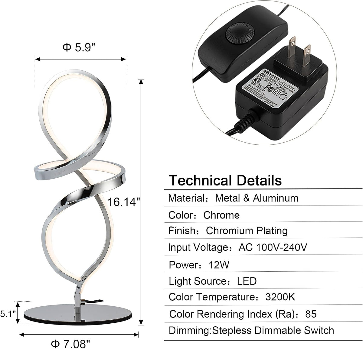 Modern Small Table Lamp with LED Spiral Design, 12W Chrome Nightstand Lamp