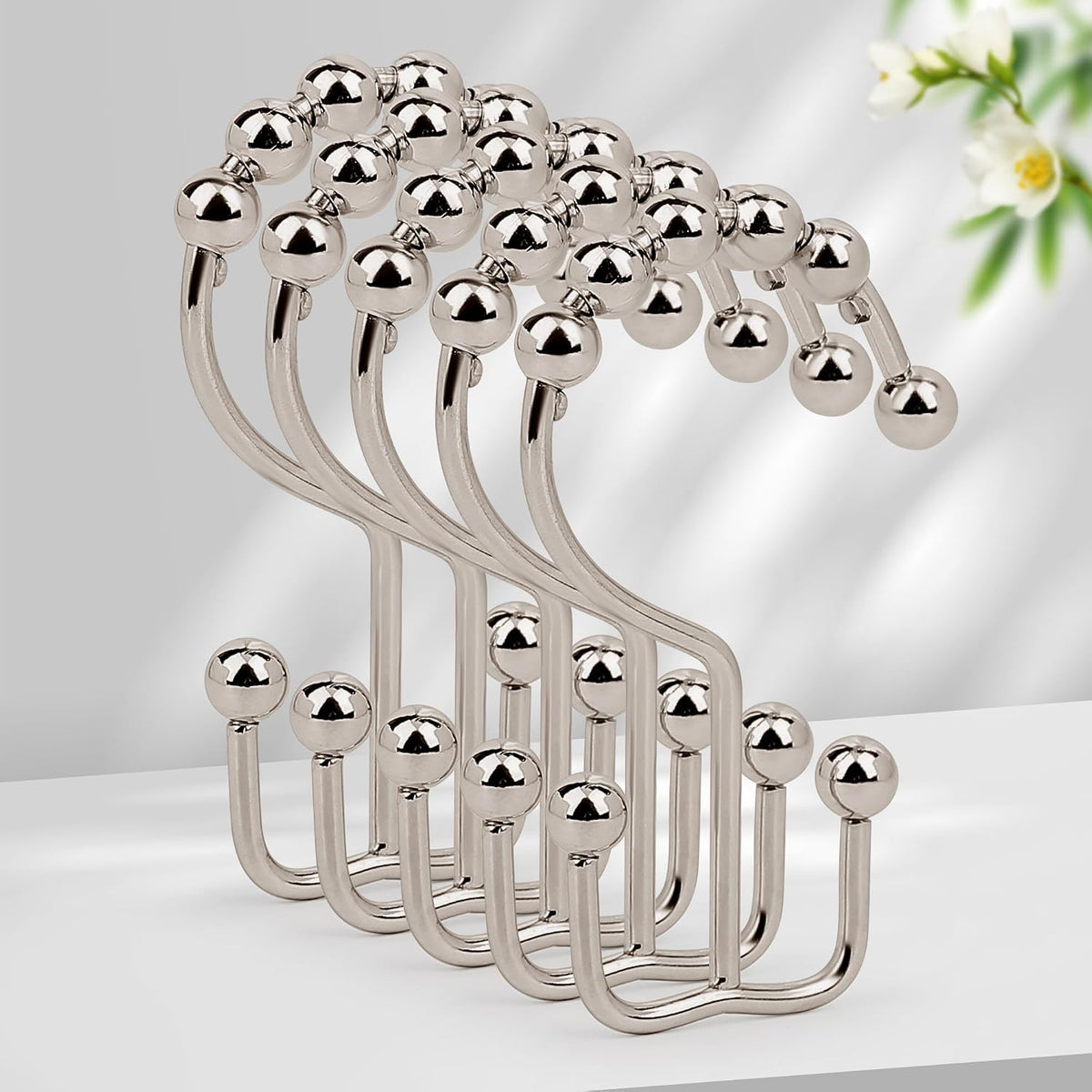 Resze 12 Pcs Shower Curtain Hooks,Metal Double Shower Curtain Rings, Nickel