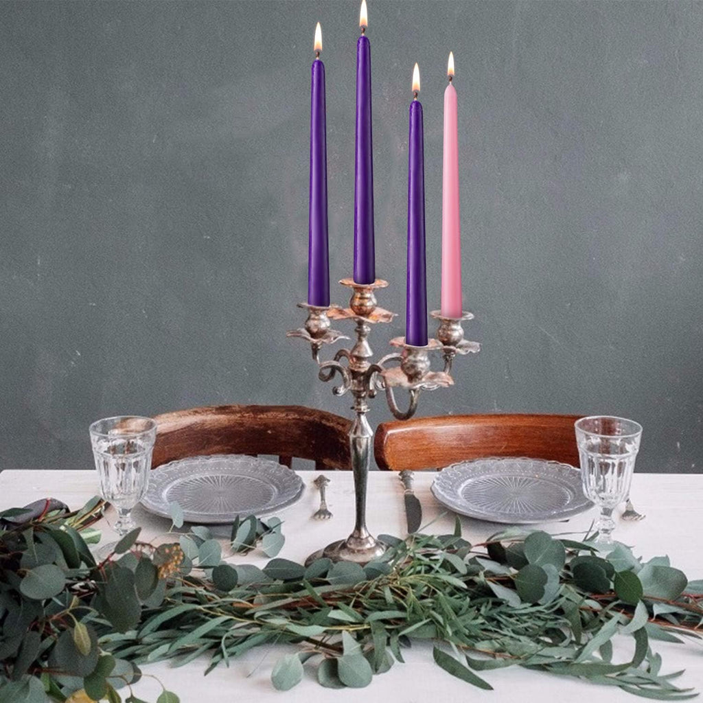 24 Pack Christmas Products 18 Purple and 6 Pink 10 Inch Unscented Taper Advent Candles Set
