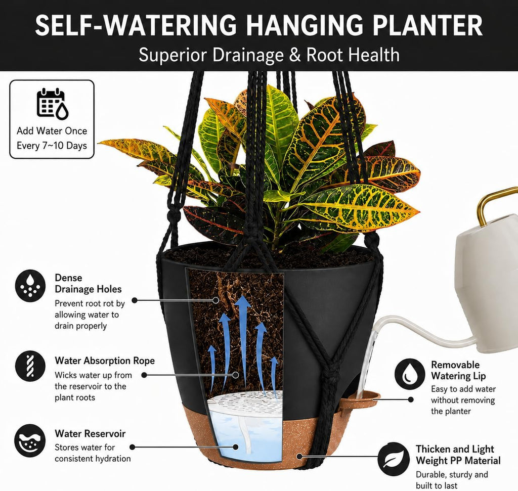 Bouqlife 3 Pack Self Watering Hanging Planters Macrame Plant Hangers with Indoor Flower Pots, 3 Different Size Hanging Basket, Plant Hanger with Hooks for Garden Home Decor Black