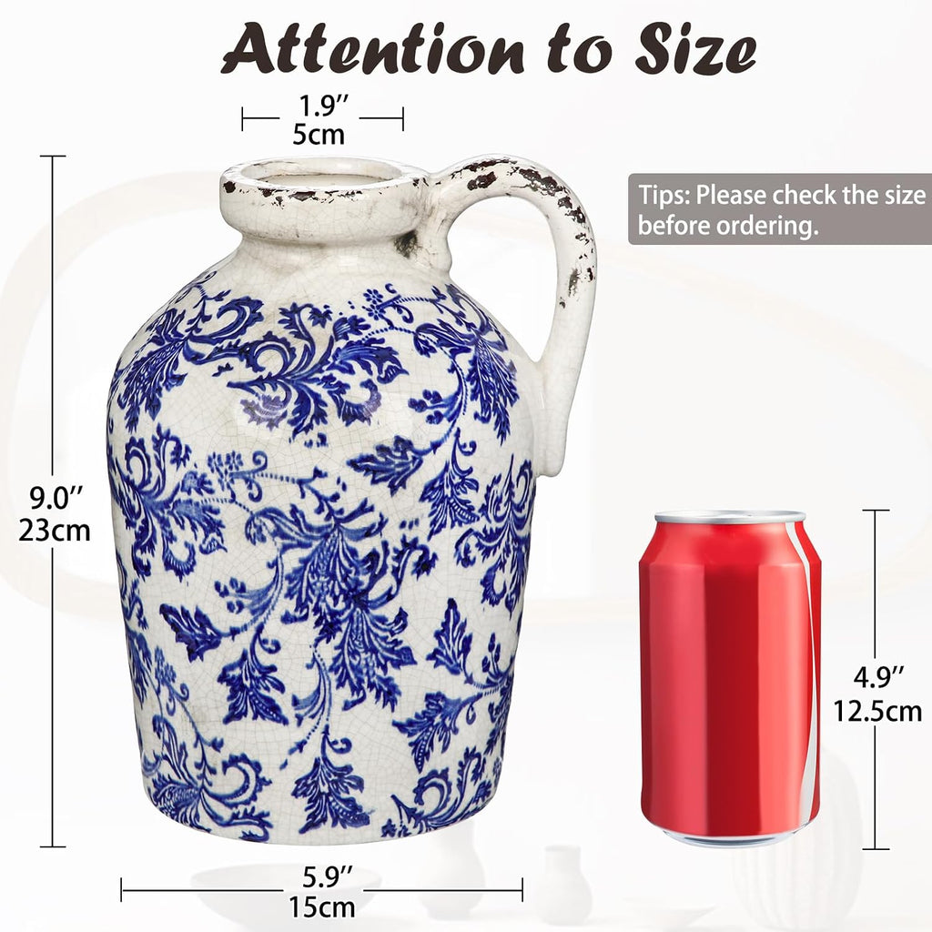 Ceramic Rustic Farmhouse Vase, 9 inch Ceramic Blue and White Vase for Centerpieces Pampas Grass Pottery Jug with Handle Boho Chinoiserie Decor Vintage Vases for Living Room Kitchen Dinner Table Shelf