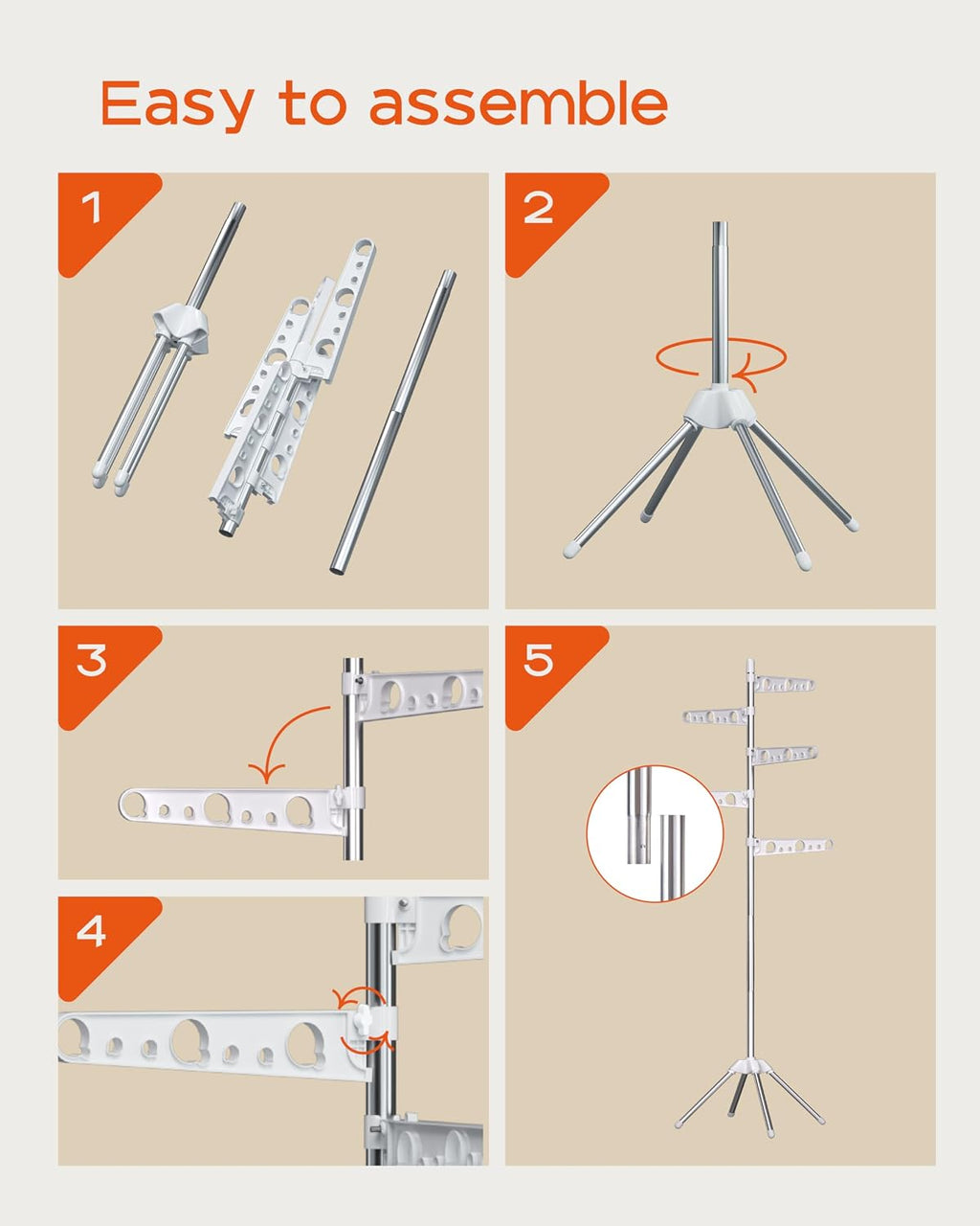 CASAMAYA Clothes Drying Rack Foldable, 70.9 inch Tripod Drying Rack for 35 Pieces of Clothes, with Height-Adjustable Rotatable Clothes Rails, Space Saving, Stainless Steel, White and Silver CDR005W01