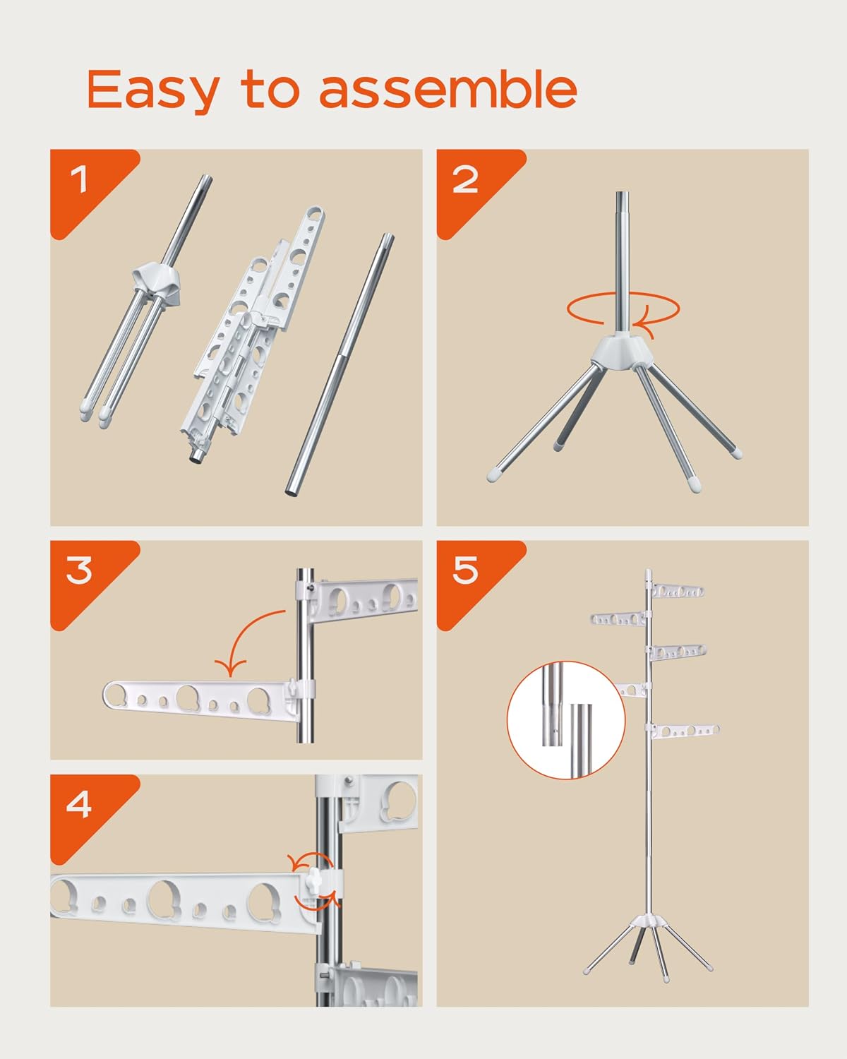 CASAMAYA Clothes Drying Rack Foldable, 70.9 inch Tripod Drying Rack for 35 Pieces of Clothes, with Height-Adjustable Rotatable Clothes Rails, Space Saving, Stainless Steel, White and Silver CDR005W01