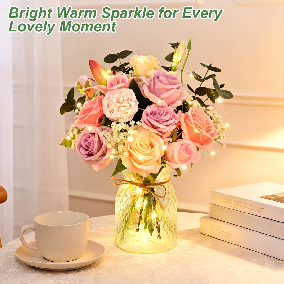 Livole 22Pcs Artificial Faux Flowers with Vase & Light Real Touch Flower