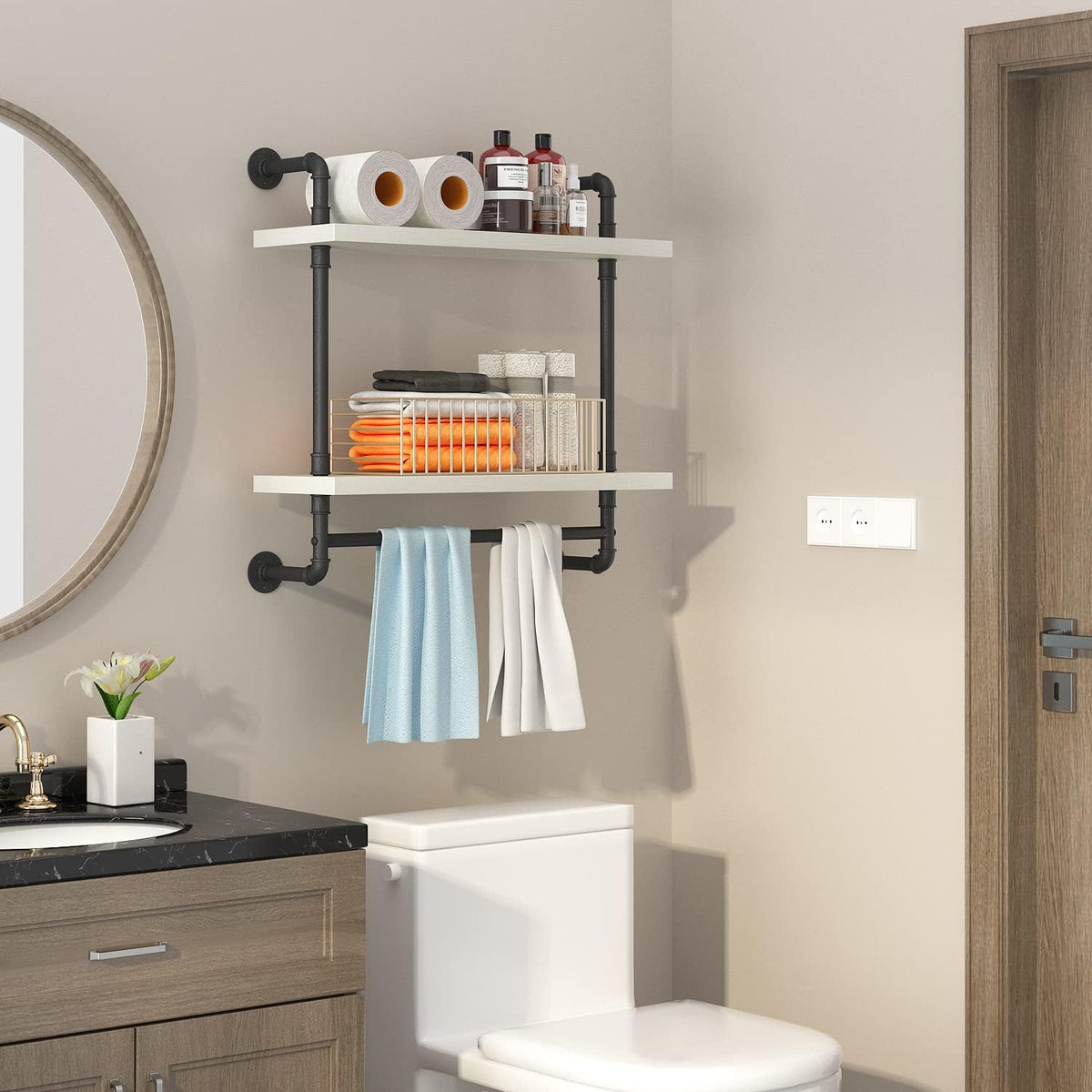 Helsin 24inch Industrial Pipe Shelving Bathroom Shelves Wall Mounted with Towel bar, 2 Tier Rustic Wood Floating Shelf, Metal Towel Rack Wall Shelf for Home & Bathroom (White, 24inch)