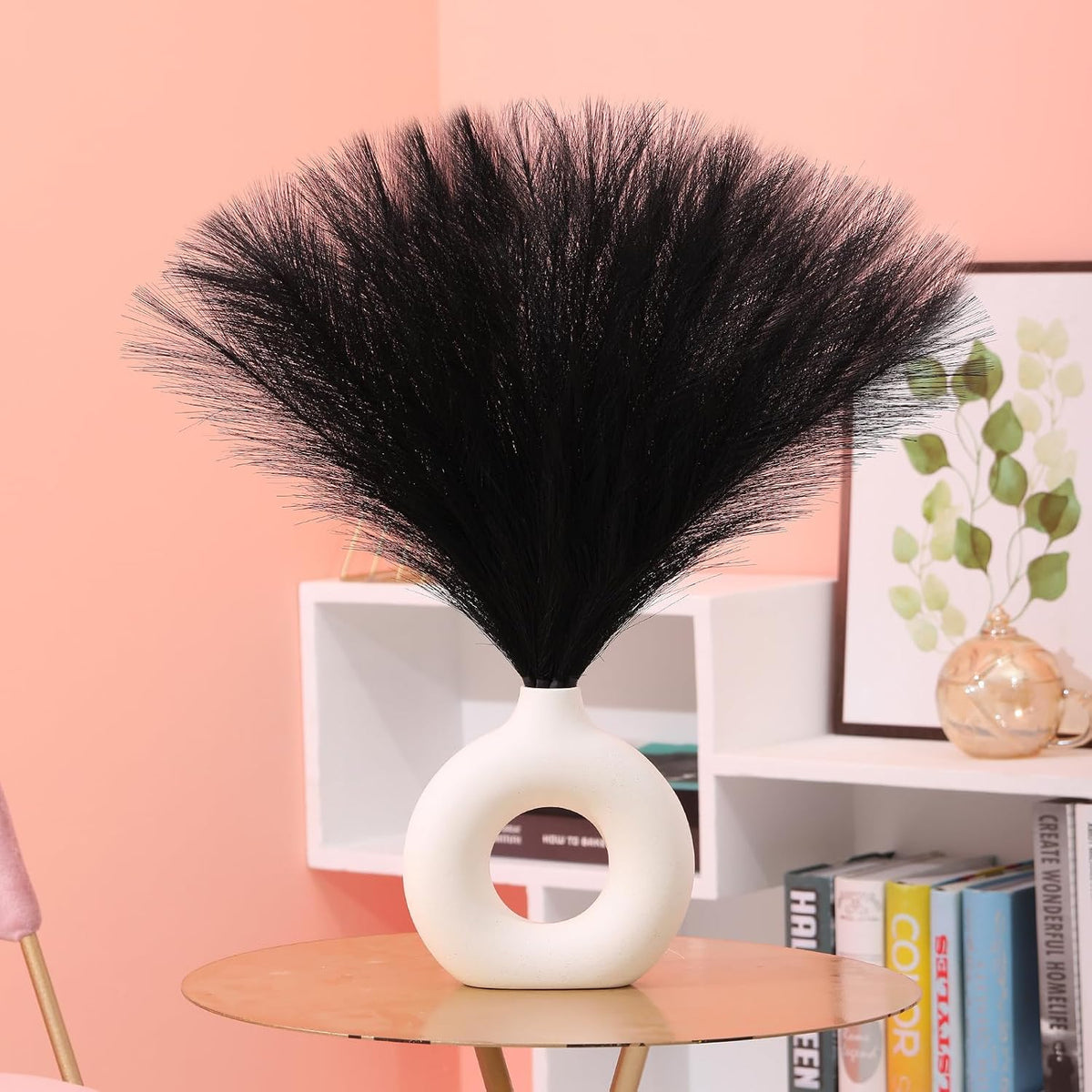 Ureymx Faux Pampas Grass Decor 17.7 Inch 6pcs, Artificial Pampas Grass Fluffy Home Decor, Short Vase Room Decor pompous Grass Flower Arrangement for Boho Home Wedding Decoration (Black)