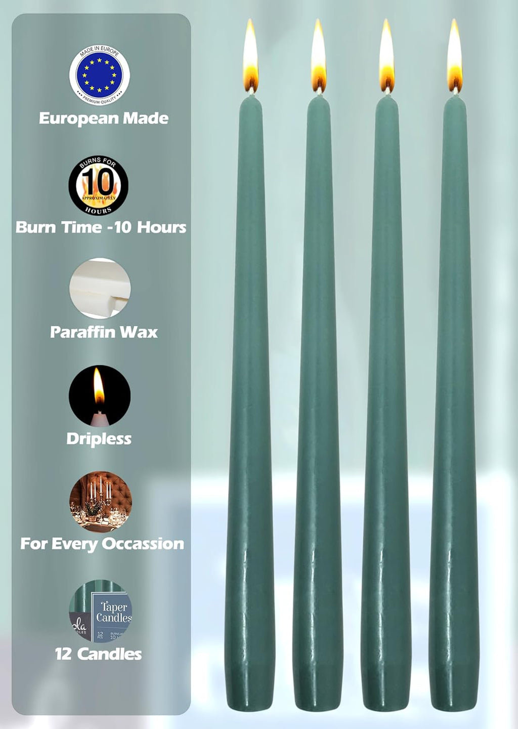Hyoola Tall Taper Candles - 12 Inch Sage Green Unscented Dripless Taper Candles - 10 Hour Burn Time - 12 Pack