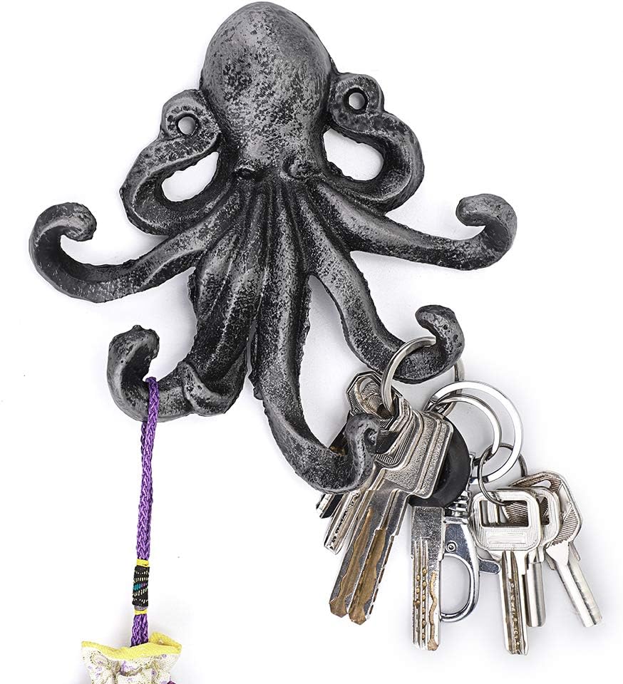Sumnacon 6 Inch Cast Iron Octopus Decorative Coat Hook - Wall Mounted Nautical Hand Towel Rack Holder with Screws, Rustic Metal Clothing Hanger for Bedroom/Bathroom/Kitchen/Balcony, Silver