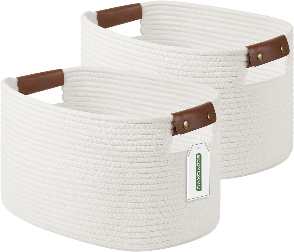 ECDYQXVU 15x10x9 Woven Cotton Rope Storage Basket, Leather Handles 2 Pack