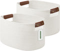 ECDYQXVU 15x10x9 Woven Cotton Rope Storage Basket, Leather Handles 2 Pack