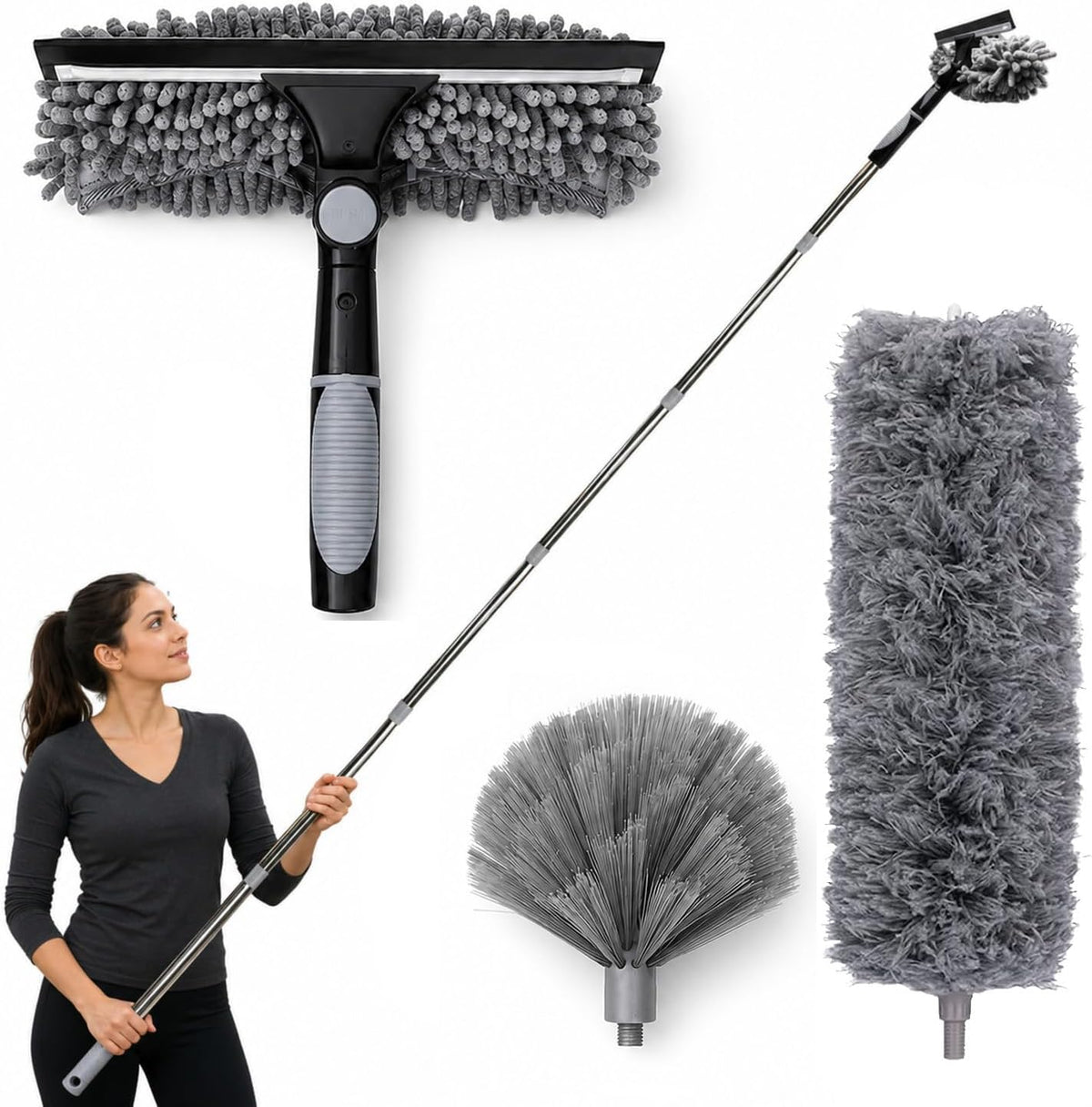 Cobweb Duster with Extension Pole,Window Squeegee, 3-in-1 Kit