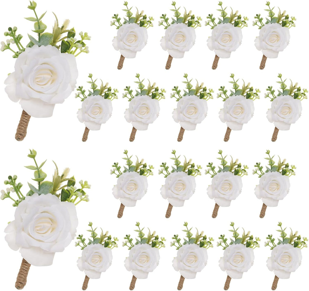 Gvhntk Ivory Rose Boutonniere for Men Wedding Set of 20 Groom Groomsmen Best Man Artificial Flowers Boutonniere for Wedding Ceremony Anniversary Prom Flowers Formal Dinner Party