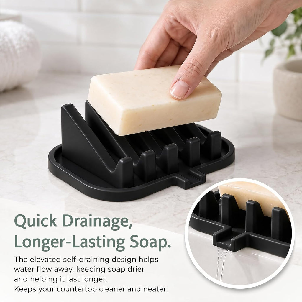 Silicone Soap Dish Holder for Shower with Self Draining (2, Black)