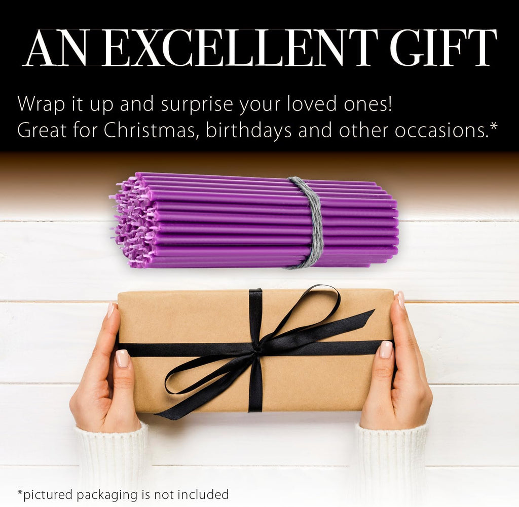 Danilovo Thin Taper Beeswax Candles - No-Drip, Smoke-Less, Tall, Decorative, Honey Scented Candles Ideal for Church Prayer, Rituals, Decor or Birthday – 6.3”x0.2” (Purple, 100pcs)