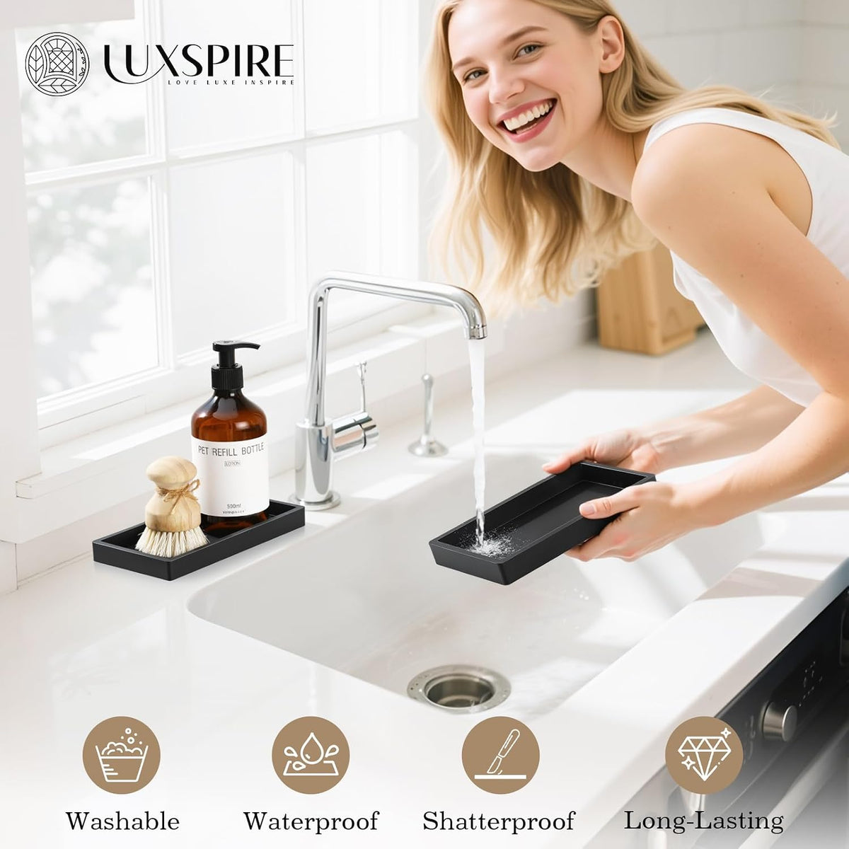 Luxspire 2 Pack Silicone Bathroom Tray 7.9" Vanity Tray, Matte Black
