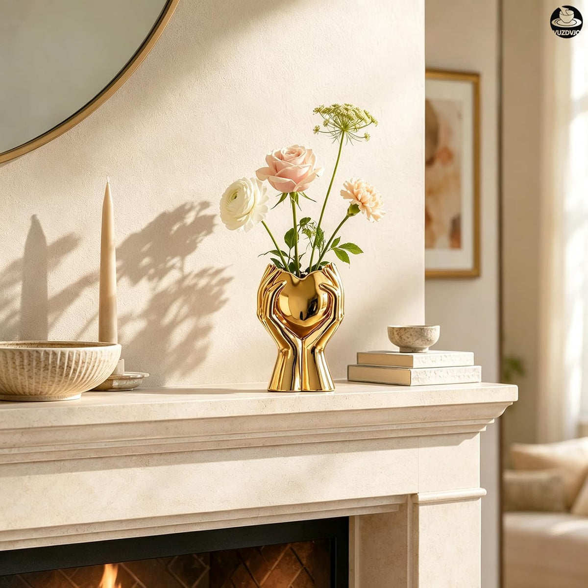8" Heart Hand Gold Ceramic Vase - Unique Modern Aesthetic Flowers Vase for Living Room Bedroom Office Kitchen Table Centerpiece or Shelf Decor-Gifts for Wedding Bridal Shower Women Mom (Gold)