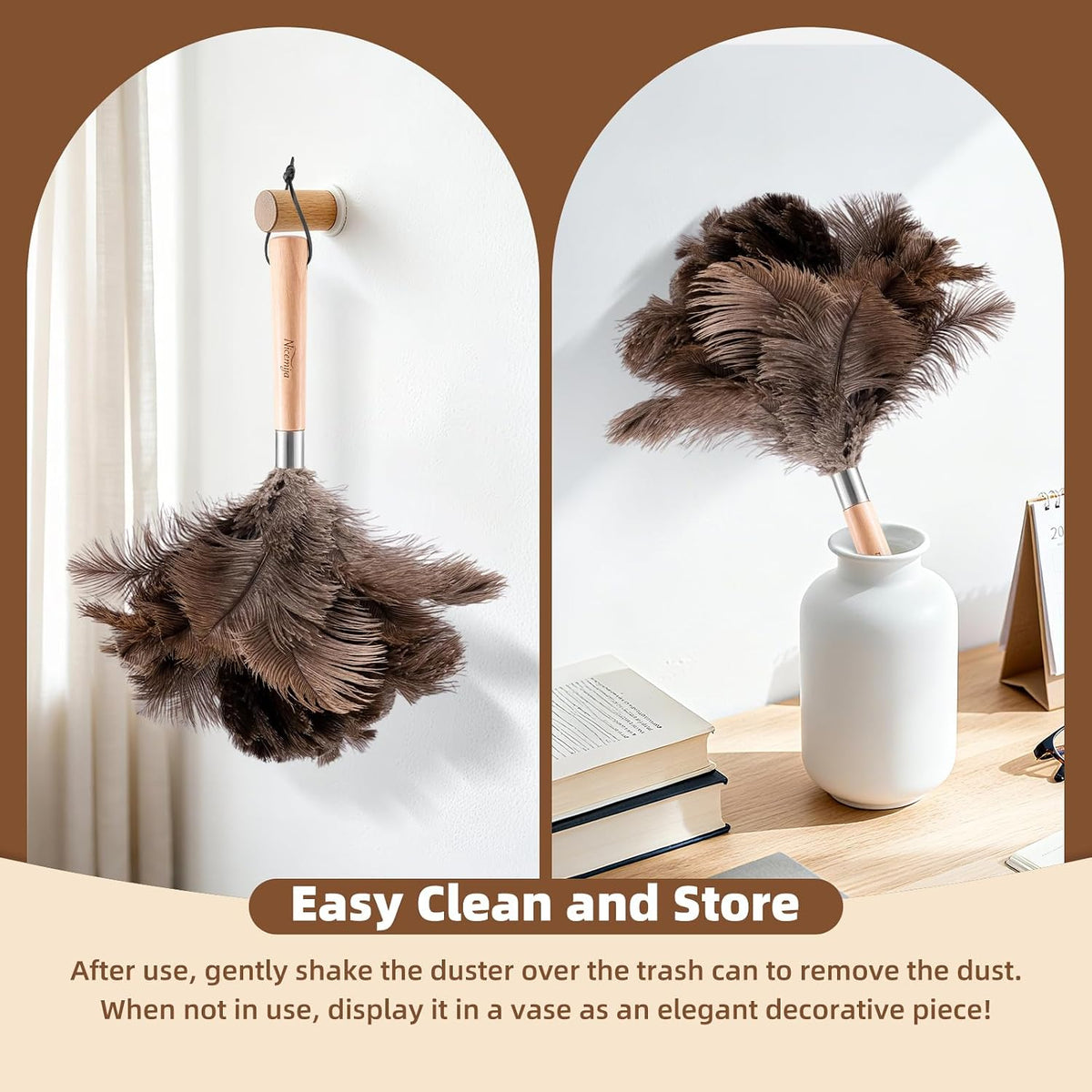 2 Pack Ostrich Feather Dusters for Cleaning with Wooden Handle, 13.5 inch