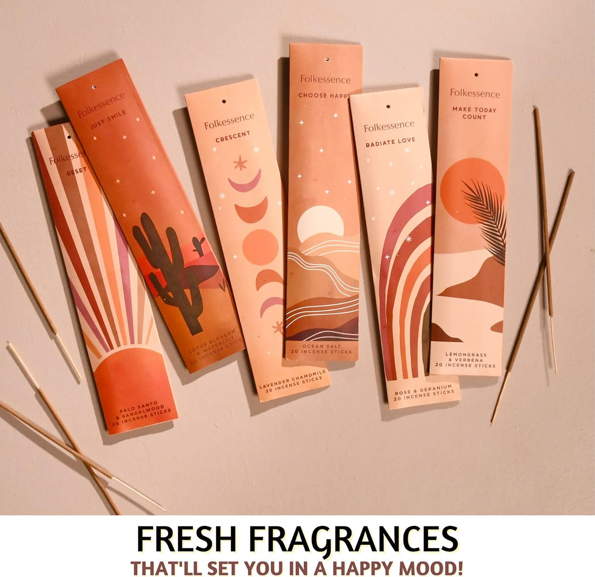 Folkulture Incense Sticks - Pack of 6 Insenses - 120 Sticks - Folkulture Incense Cones Scented, Set of 6 Inscents-Cones (120 Cones) with Incense Cones Holder for Relaxation (Fresh Start)
