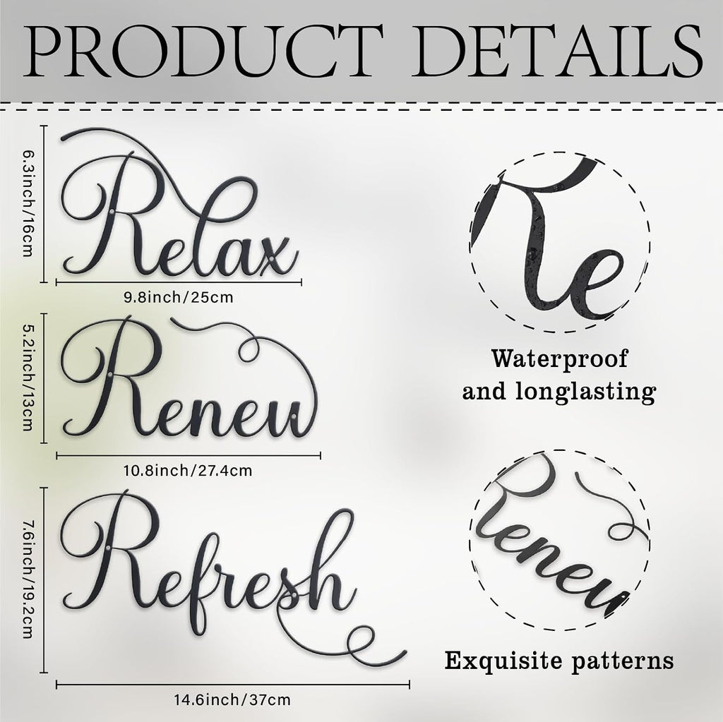 Zzbakress 3 Pcs Relax Refresh Renew Metal Wall Art Black Bathroom Decor Wall Art Metal Decorative Wall Art Farmhouse Wall Decor for Living Room Bedroom Bathroom (Elegant)