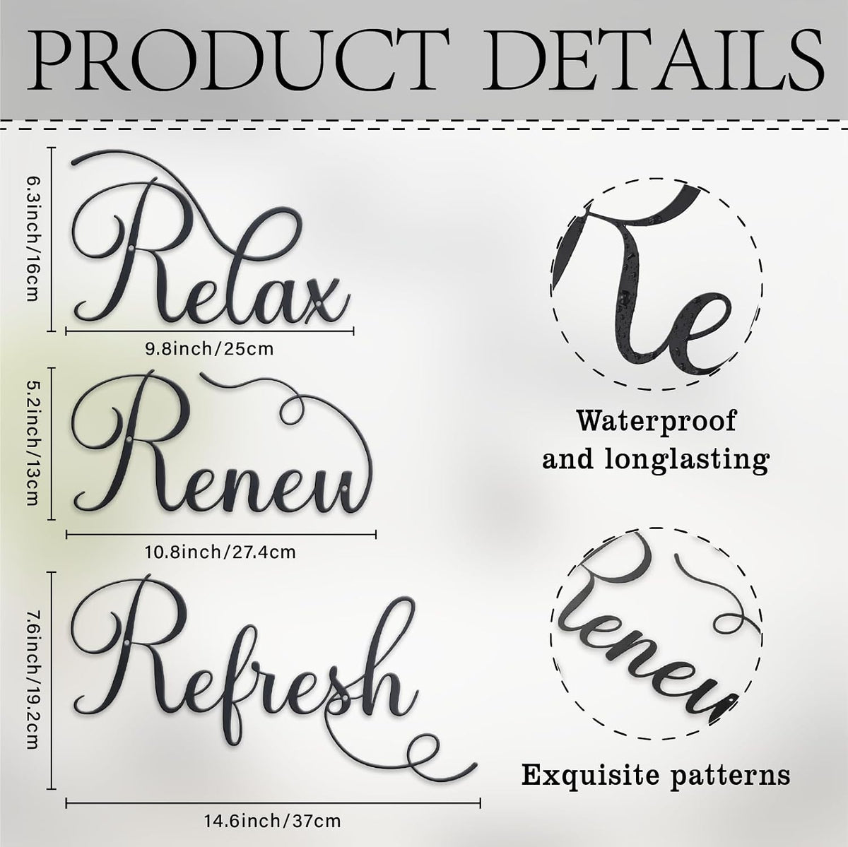 Zzbakress 3 Pcs Relax Refresh Renew Metal Wall Art Black Bathroom Decor Wall Art Metal Decorative Wall Art Farmhouse Wall Decor for Living Room Bedroom Bathroom (Elegant)