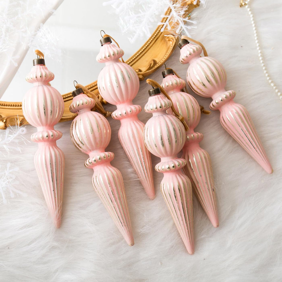 Pink Vintage Finial Christmas Ornaments, 6Pcs Neutral Shatterproof Xmas Tree Ornaments